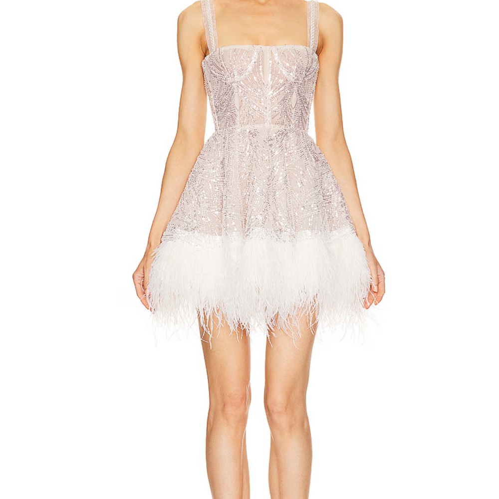 Bronx and Banco white beaded mini dress with feathers